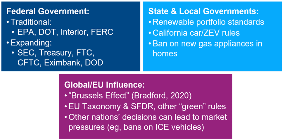 A blue and purple background with the following text : statement : federal, ferc state & local government. Renewable portfolios. California car /
