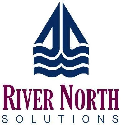 A blue and white logo of river north solutions.